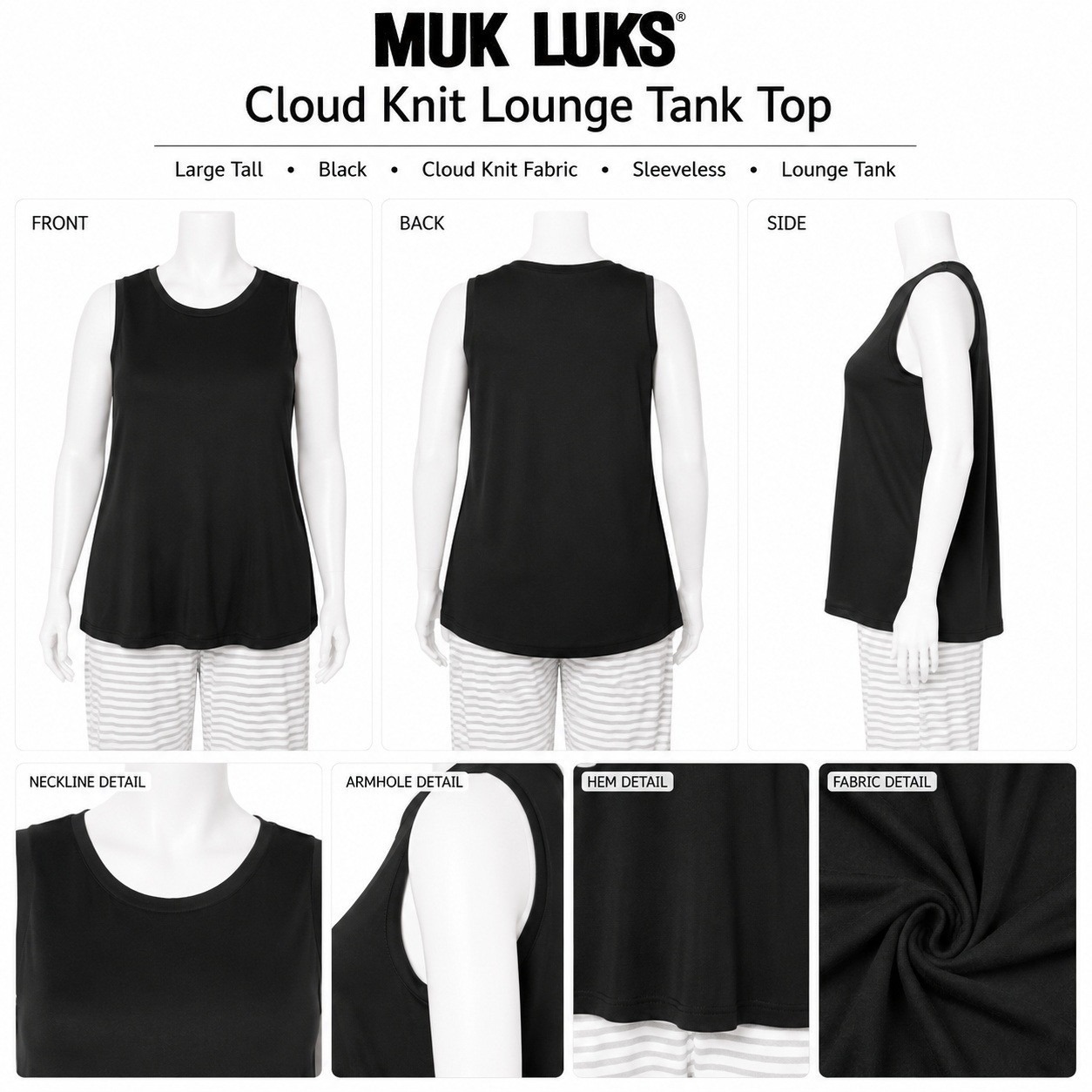 Muk Luks Cloud Knit Lounge Tank Top Black Sleeveless Scoop Neck Large Tall A6403
